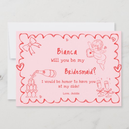 ピンクエレガントの手描き花嫁プロポーザル・カード 招待状 (正面)