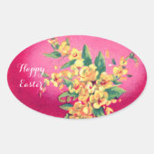 ピンクエレガントの明るい赤紫色イースター卵と黄色の花 楕円形シール (正面)
