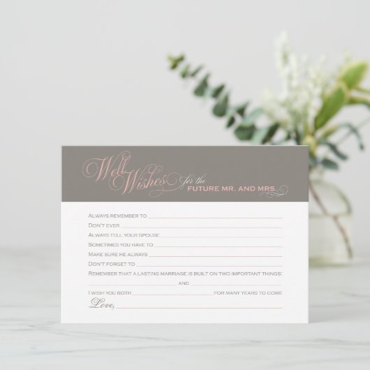 ピンクエレガントの暖かい灰色のブライダルシャワーウェルウィッシュ アドバイスカード (スタンド正面)