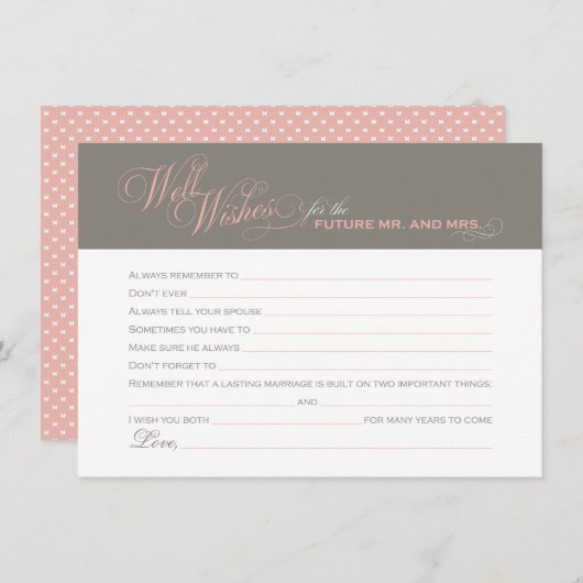 ピンクエレガントの暖かい灰色のブライダルシャワーウェルウィッシュ アドバイスカード (正面/裏面)