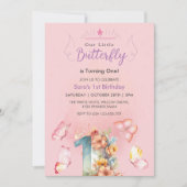 ピンクエレガントの最初の誕生日ピンクの蝶 招待状 (正面)