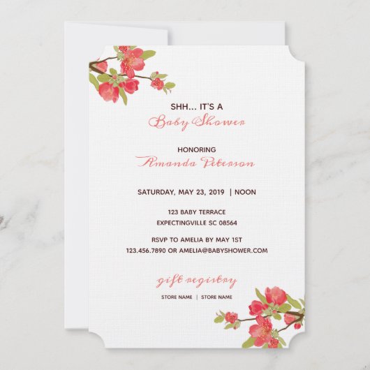 ピンクエレガントの木が赤ちゃんシャワーを咲く 招待状 (正面)