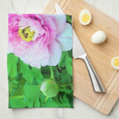 ピンクエレガントの木の牡丹の花と黄色の中心 キッチンタオル (四つ折り)