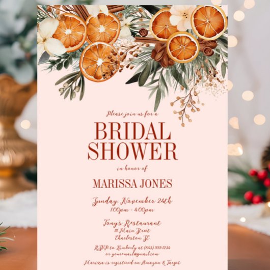 ピンクエレガントの柑橘類フローラブライダルシャワー 招待状