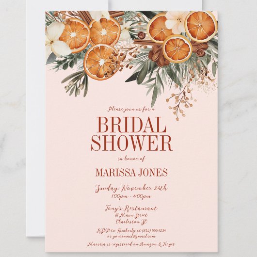 ピンクエレガントの柑橘類フローラブライダルシャワー 招待状