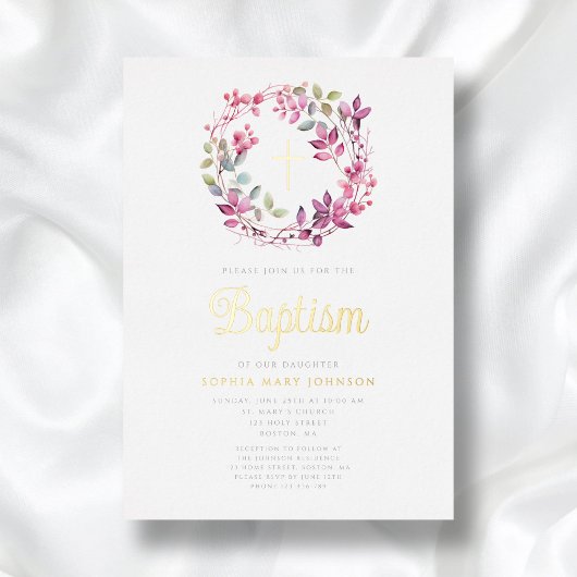ピンクエレガントの植物宗教少女バプテスマ 箔招待状