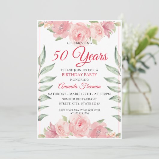 ピンクエレガントの水の色のバラ母誕生日 招待状 (スタンド正面)