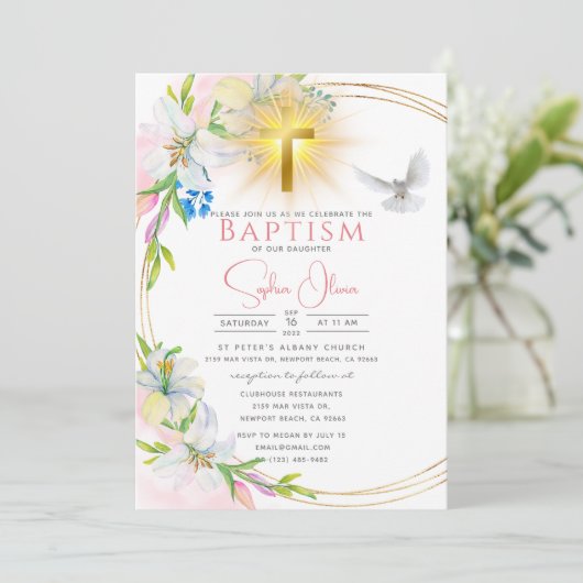 ピンクエレガントの水の色のフローラガールバプテスマ 招待状 (スタンド正面)