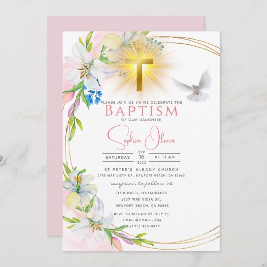 ピンクエレガントの水の色のフローラガールバプテスマ 招待状 (正面/裏面)