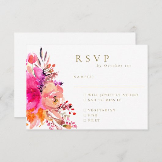 ピンクエレガントの水の色のフローラ結婚式RSVP食事 出欠カード (正面/裏面)