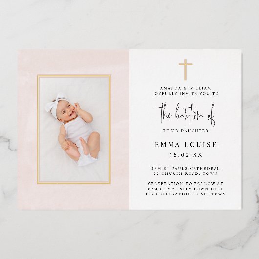 ピンクエレガントの水の色のミニマリスト写真バプテスマ 箔招待状 (正面)