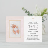 ピンクエレガントの水の色のミニマリスト写真バプテスマ 箔招待状 (立ち正面)