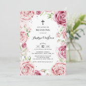 ピンクエレガントの水カラーバラフレームベビー賛美 招待状 (スタンド正面)