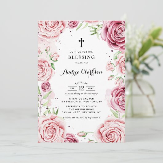 ピンクエレガントの水カラーバラフレームベビー賛美 招待状 (スタンド正面)