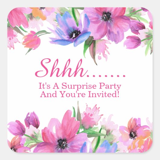 ピンクエレガントの水カラーフローラサプライズパーティースクア スクエアシール (正面)