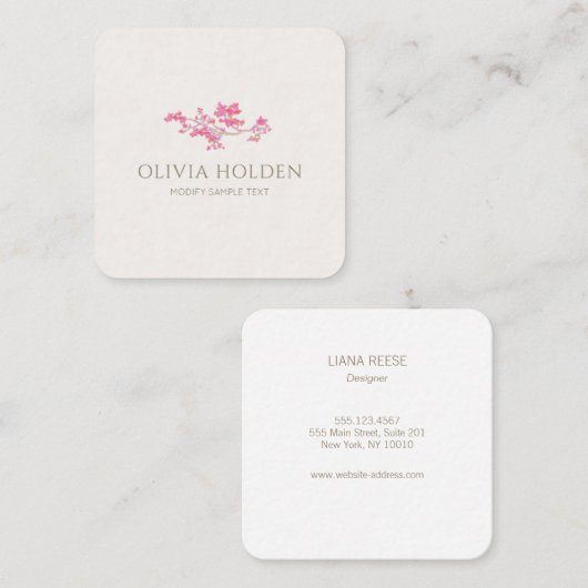 ピンクエレガントの水カラーフローラブランチ スクエア名刺 (正面/裏面)
