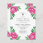 ピンクエレガントの水カラーフローラ第1聖体 インビテーションポストカード (正面/裏面)