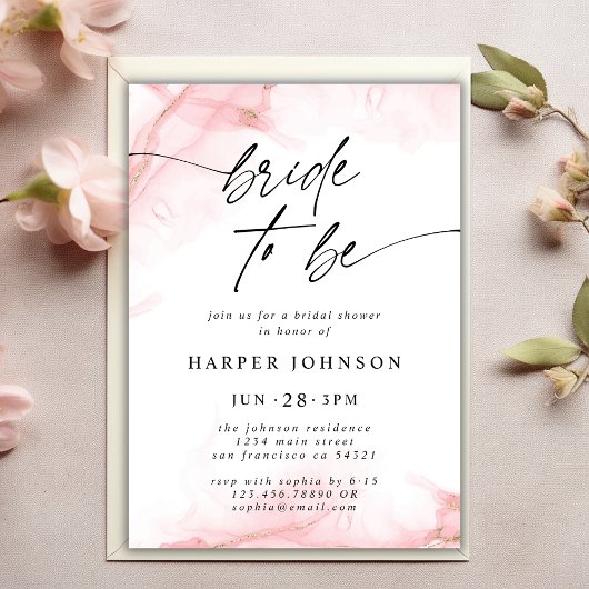 ピンクエレガントの水カラーブライダルシャワー花嫁になる 招待状