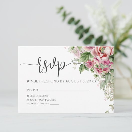 ピンクエレガントの水彩フローラガールベビーシャワー 出欠カード (スタンド正面)