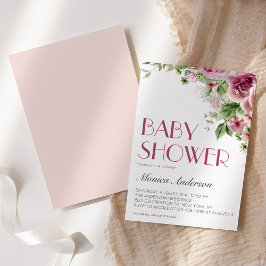 ピンクエレガントの水彩フローラガールベビーシャワー 招待状