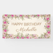 ピンクエレガントの水彩フローラハッピーバースデー 横断幕 (横)