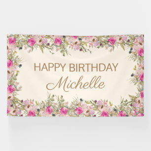 ピンクエレガントの水彩フローラハッピーバースデー 横断幕