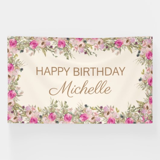ピンクエレガントの水彩フローラハッピーバースデー 横断幕 (横)