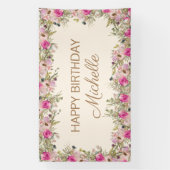 ピンクエレガントの水彩フローラハッピーバースデー 横断幕 (縦)