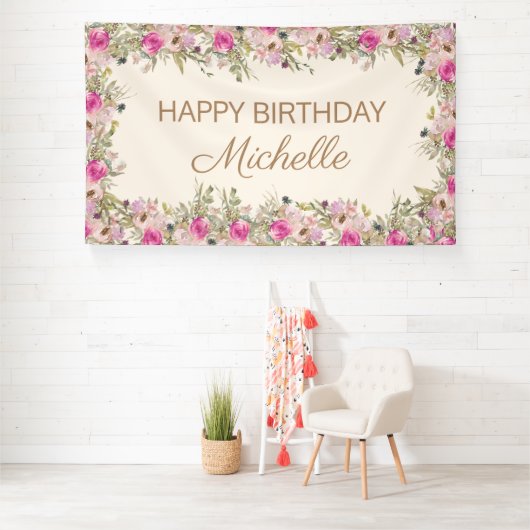 ピンクエレガントの水彩フローラハッピーバースデー 横断幕 (インサイチュ)