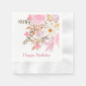 ピンクエレガントの水彩フローラハッピーバースデー 縁ありカクテルナプキン (正面)