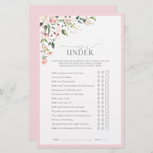 ピンクエレガントの水彩フローラブライダルシャワーゲーム (正面/裏面)