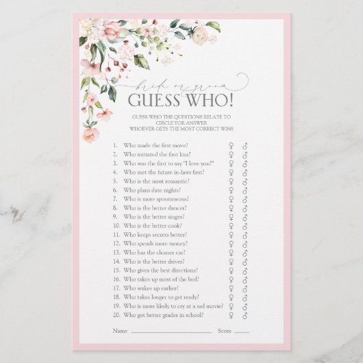 ピンクエレガントの水彩フローラブライダルシャワーゲーム (正面)