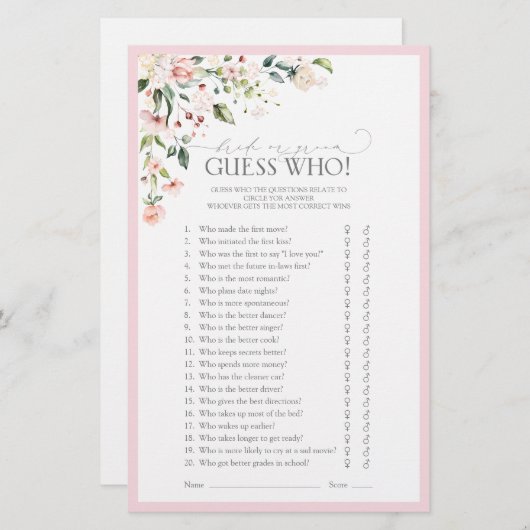 ピンクエレガントの水彩フローラブライダルシャワーゲーム (正面/裏面)