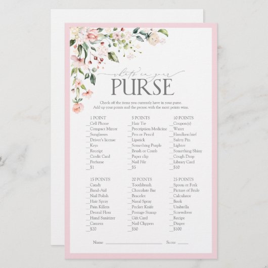 ピンクエレガントの水彩フローラブライダルシャワーゲーム (正面/裏面)