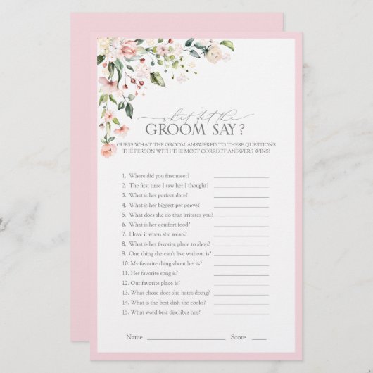 ピンクエレガントの水彩フローラブライダルシャワーゲーム (正面/裏面)