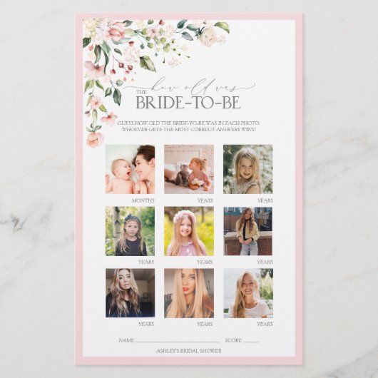 ピンクエレガントの水彩フローラブライダルシャワーゲーム (正面)