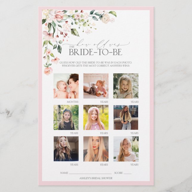 ピンクエレガントの水彩フローラブライダルシャワーゲーム (正面)