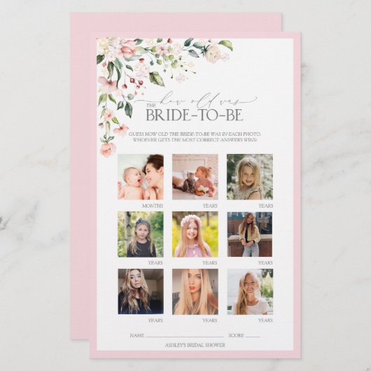 ピンクエレガントの水彩フローラブライダルシャワーゲーム (正面/裏面)