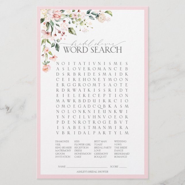 ピンクエレガントの水彩フローラブライダルシャワーゲーム (正面)