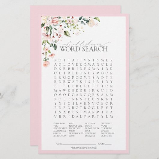 ピンクエレガントの水彩フローラブライダルシャワーゲーム (正面/裏面)