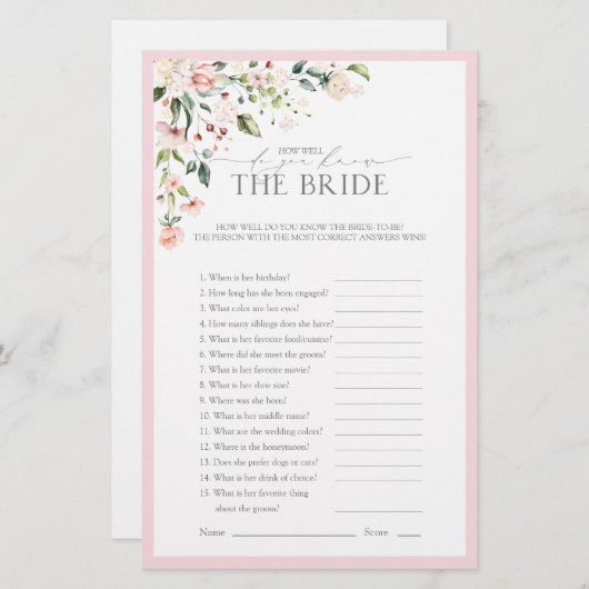 ピンクエレガントの水彩フローラブライダルシャワーゲーム (正面/裏面)