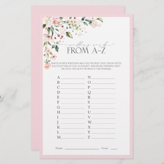 ピンクエレガントの水彩フローラブライダルシャワーゲーム (正面/裏面)