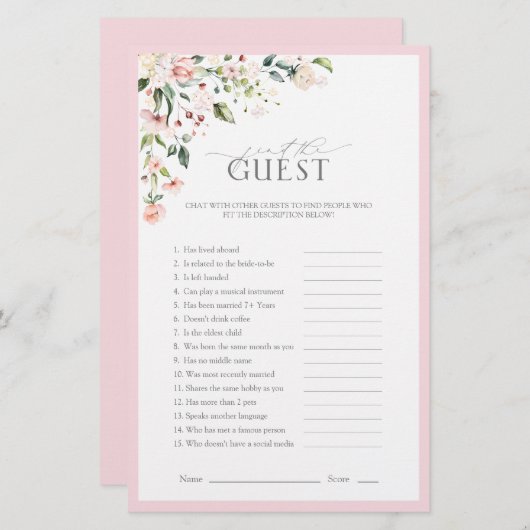 ピンクエレガントの水彩フローラブライダルシャワーゲーム (正面/裏面)