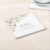 ピンクエレガントの水彩フローラブライダルシャワー スクエアペーパーコースター (アングル)