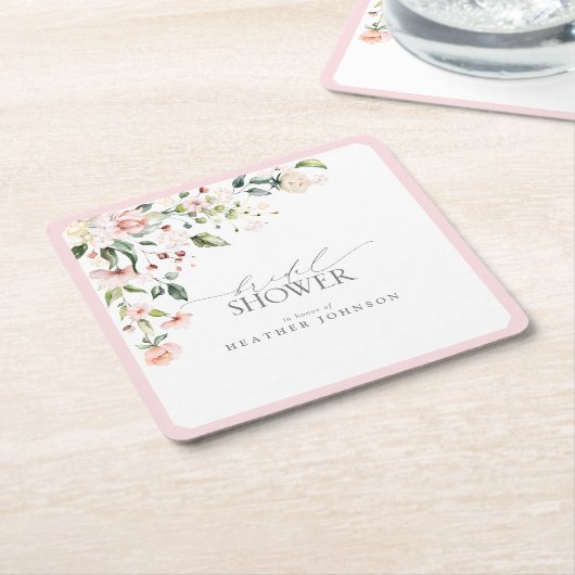 ピンクエレガントの水彩フローラブライダルシャワー スクエアペーパーコースター (アングル)