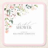 ピンクエレガントの水彩フローラブライダルシャワー スクエアペーパーコースター (正面)