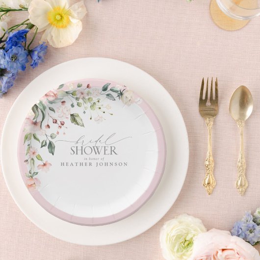 ピンクエレガントの水彩フローラブライダルシャワー ペーパープレート