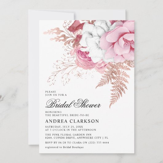 ピンクエレガントの水彩フローラブライダルシャワー 招待状 (正面)