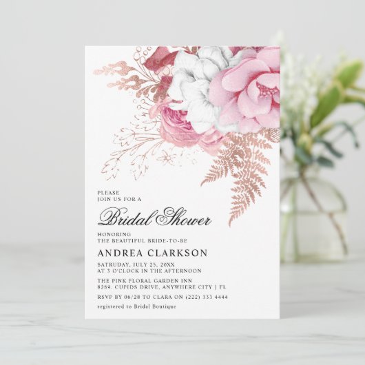 ピンクエレガントの水彩フローラブライダルシャワー 招待状 (スタンド正面)