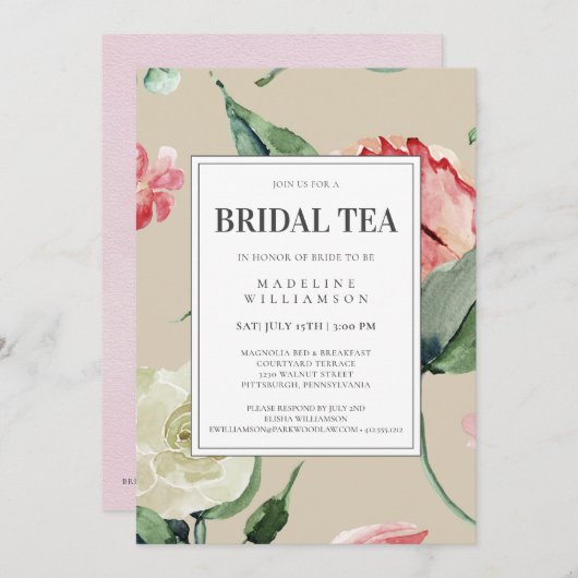 ピンクエレガントの水彩フローラブライダルシャワー 招待状 (正面/裏面)